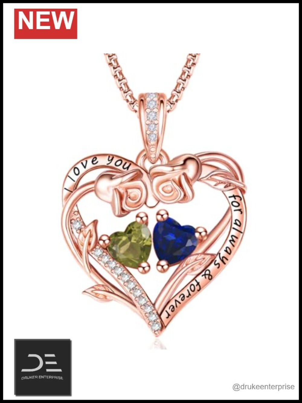 Rose Gold Plated Double Birthstone Heart Pendant Necklace 22 Inch